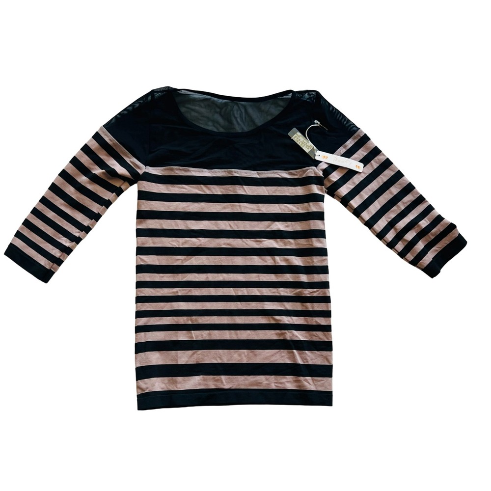 NWT New Poof Women Junior 3/4 Sleeve Striped Pink & Black Sheer Top Size S/M